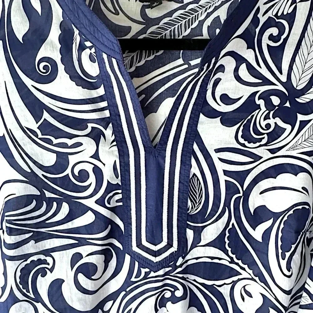 TALBOTS NWOT SPLIT NECK TUNIC PAISLEY 3/4 SLEEVE NAVY BLUE WHITE | SIZE: LARGE - Picture 3 of 8